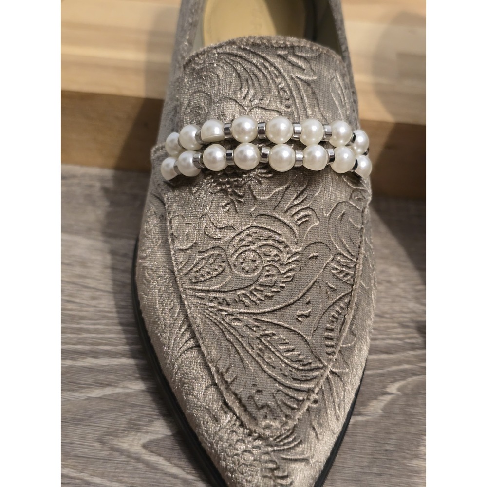 Marc Fisher Silver Gray Floral Brocade Velvet Loafers Beaded Size 5M Moto Boho - Picture 8 of 10